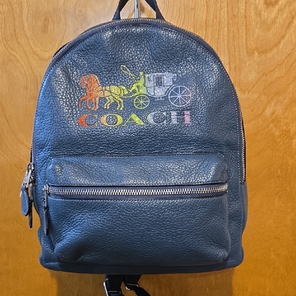 Coach Multicolor Logo Blue Leather Backpack (Rucksack)
